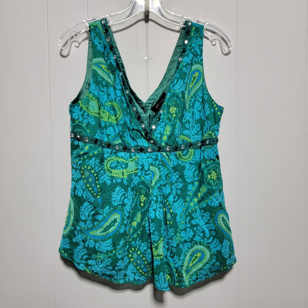 id|entity Women Teal Green Paisley Silk Blend Beaded V-Neck Tank Top Size 12